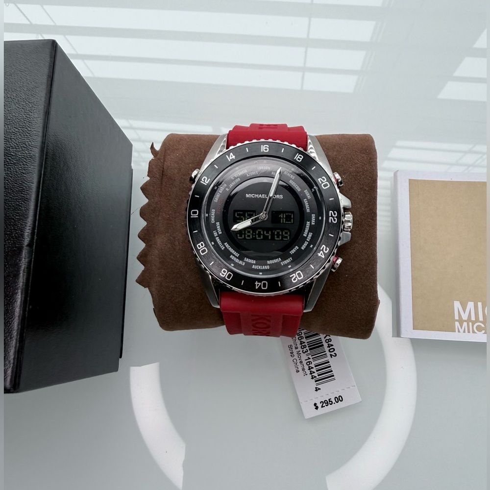 NWT Michael Kors JetMaster Red Strap Silver Buckle Watch MK8402 - Picture 3 of 9